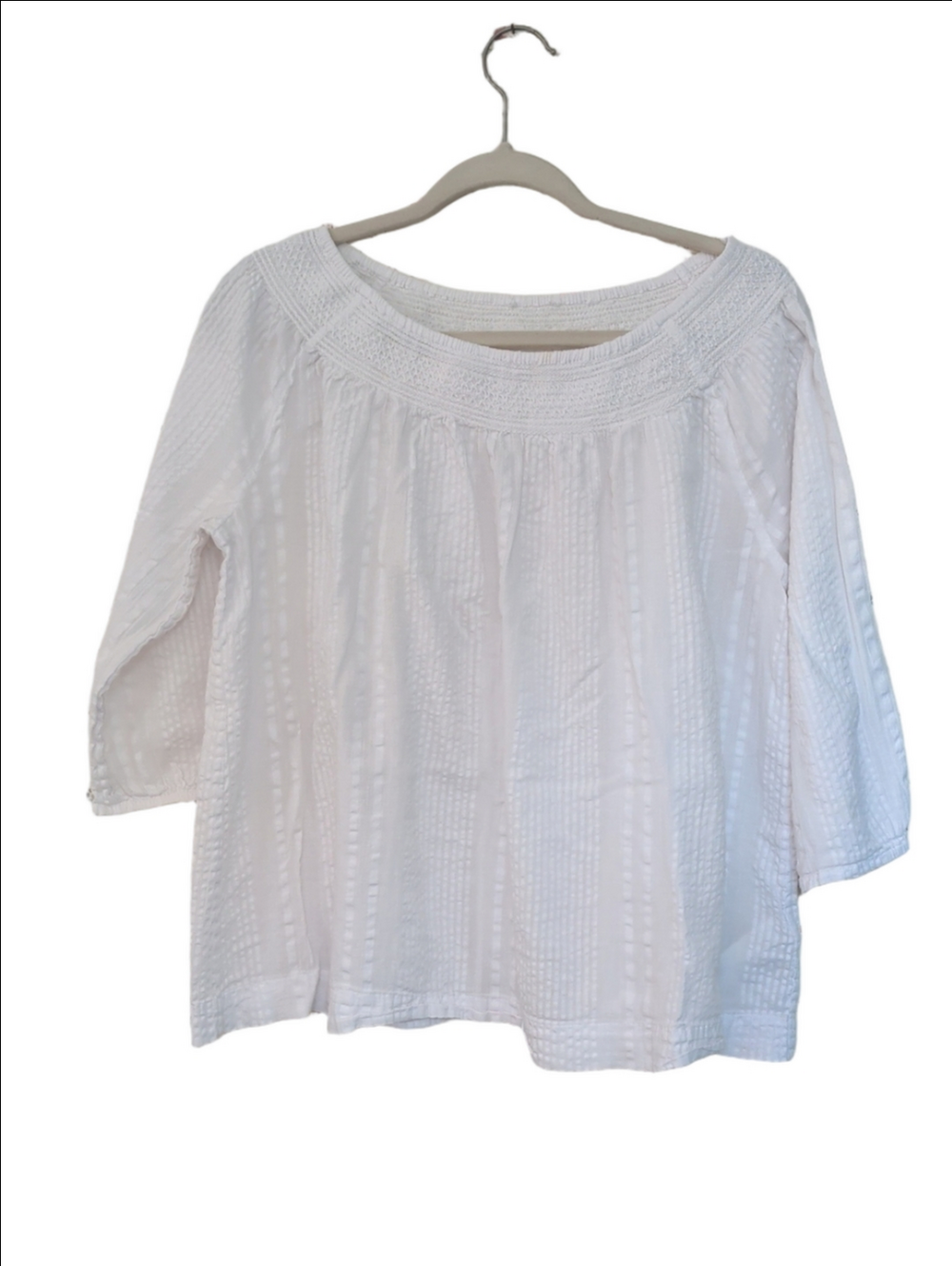 Fat Face Top White Textured Peasant Blouse Prairie Core Boho Hippie Smocked XL